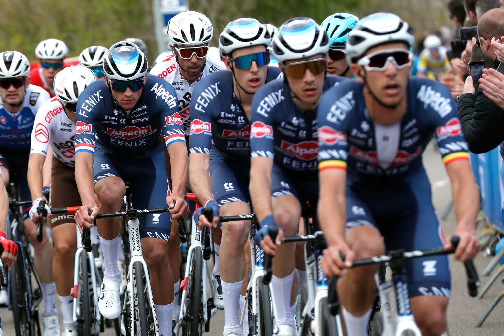 VALKENBURG NETHERLANDS APRIL 10 Mathieu Van Der Poel of Netherlands and Team AlpecinFenix Lcompetes during the 56th Amstel Gold Race 2022 Mens Elite a 2541km one day race from Maastricht to Valkenburg AGR2022 WorldTour on April 10 2022 in Valkenburg Netherlands Photo by Bas CzerwinskiGetty Images