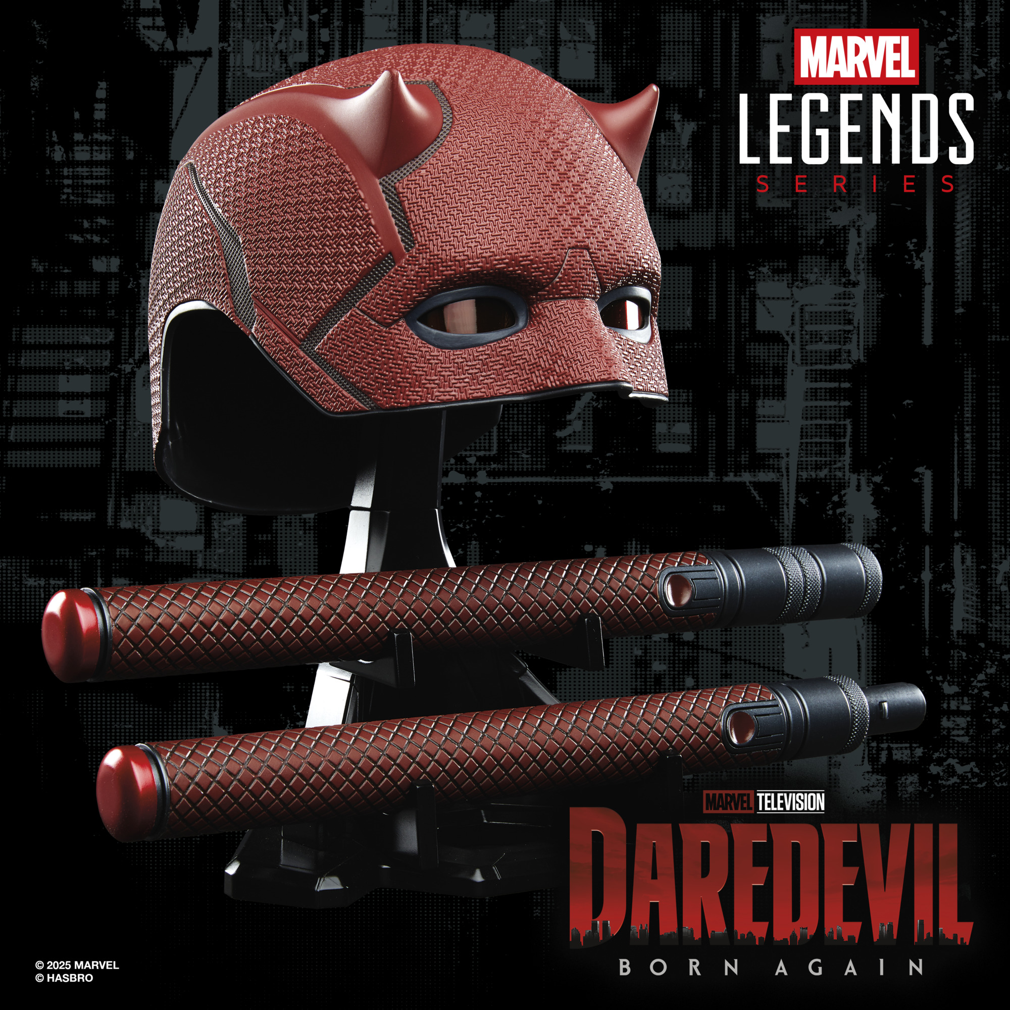 Marvel Legends Series Daredevil replica helmet and Billy Club against a dark background with a city-scape pattern, alongside the Marvel Legends Series and Daredevil: Born Again logos