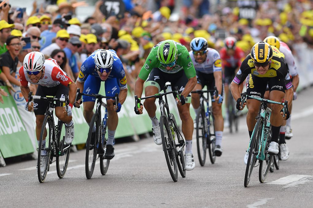 Caleb Ewan, Peter Sagan and Dylan Groenewegen fight to the line at the end of stage 7 at the Tour de France