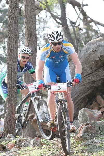 Tasmania's Ben Mather leads on the single track.
