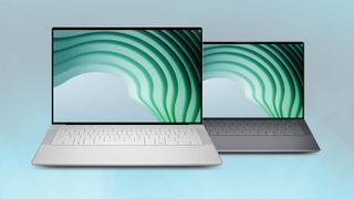 Dell 14 Premium laptops in white and black on colored background