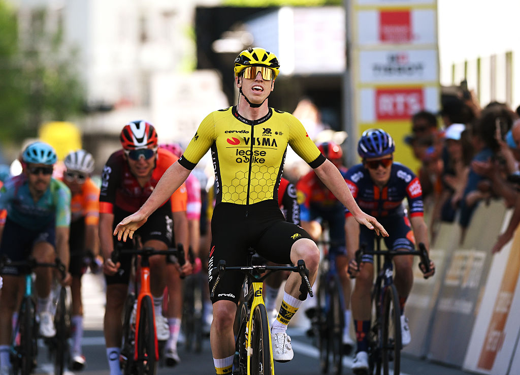 FRIBOURG, SWITZERLAND - APRIL 30: Matthew Brennan of Great Britain and Team Visma | Lease A Bike celebrates at finish line as stage winner during the 78th Tour De Romandie 2025, Stage 1 a 194.3km stage from Munchenstein to Fribourg / #UCIWT / on April 30, 2025 in Fribourg, Switzerland. (Photo by Dario Belingheri/Getty Images)