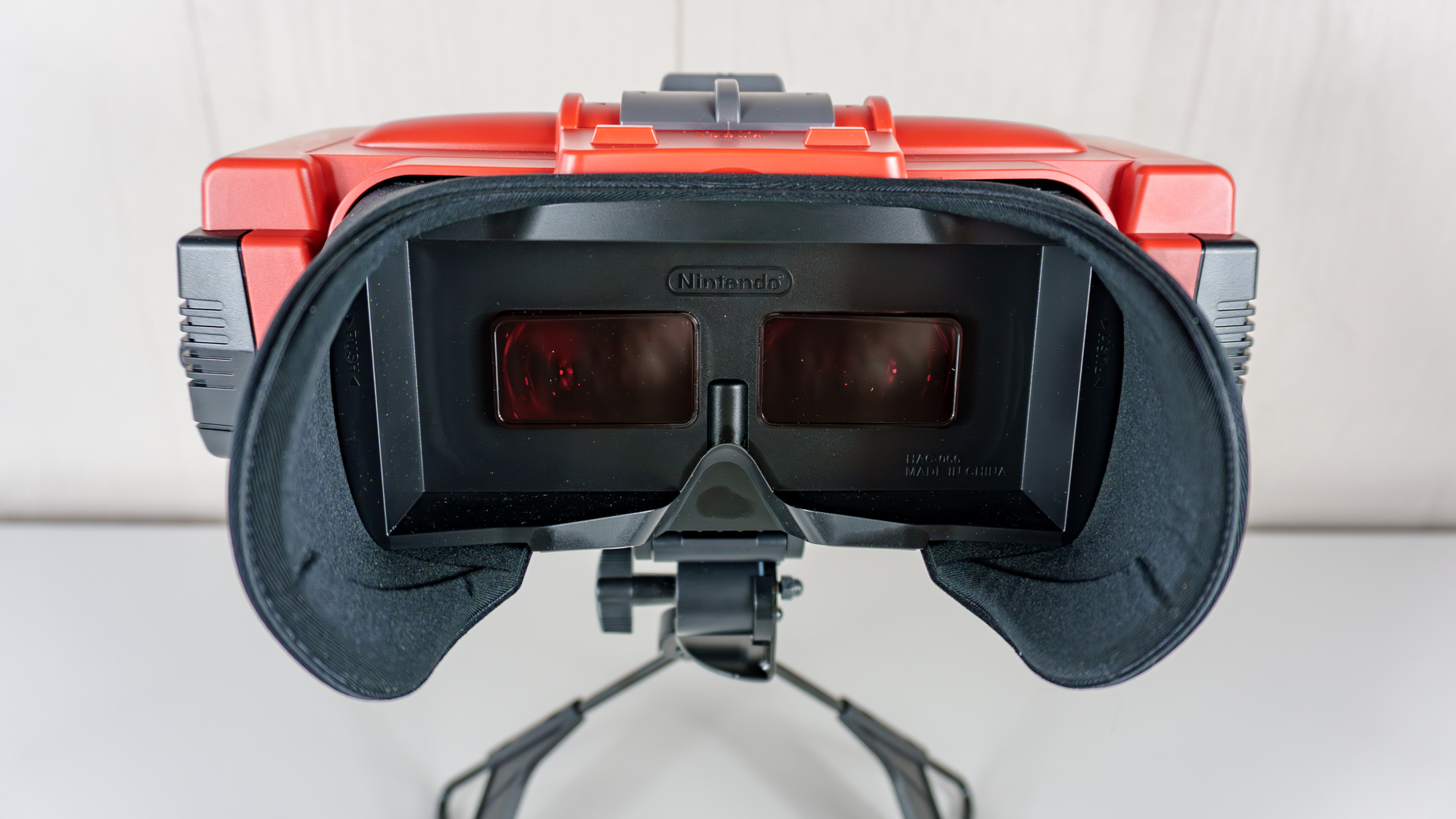 Nintendo's Virtual Boy accessory on a table with a Switch 2 inside