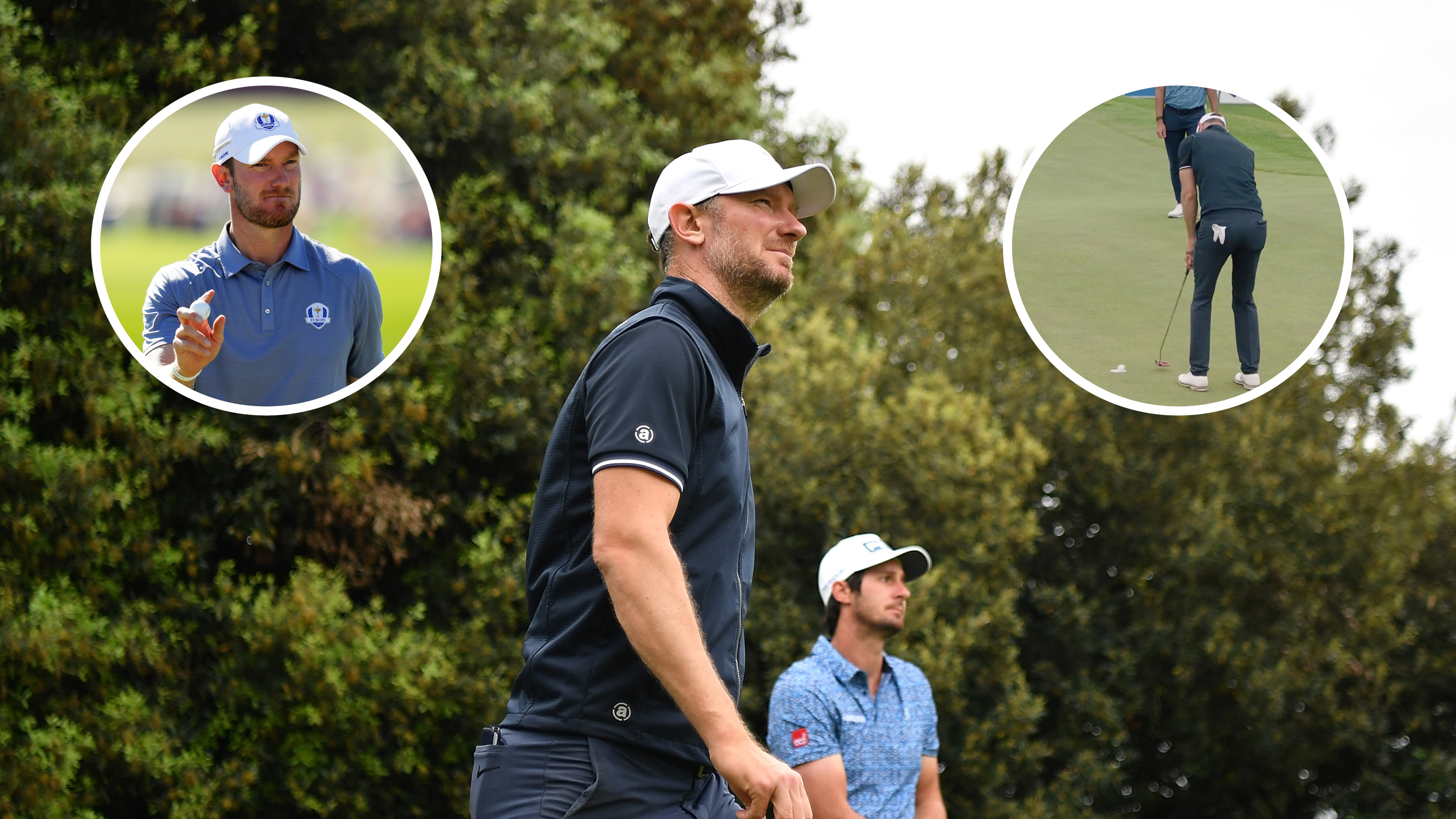 Main image of Chris Wood walking along at the 2026 Italian Challenge with inset photos of Wood at the 2016 Ryder Cup (top left) and picking the ball out of the hole during his win (top right)