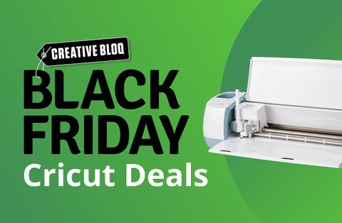 The best Black Friday Cricut sale, Cricut deals and and Cyber Monday deals; machine on a green background