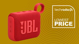 JBL Go 4 Portable Bluetooth Speaker in red on yellow background with TechRadar lowest price text