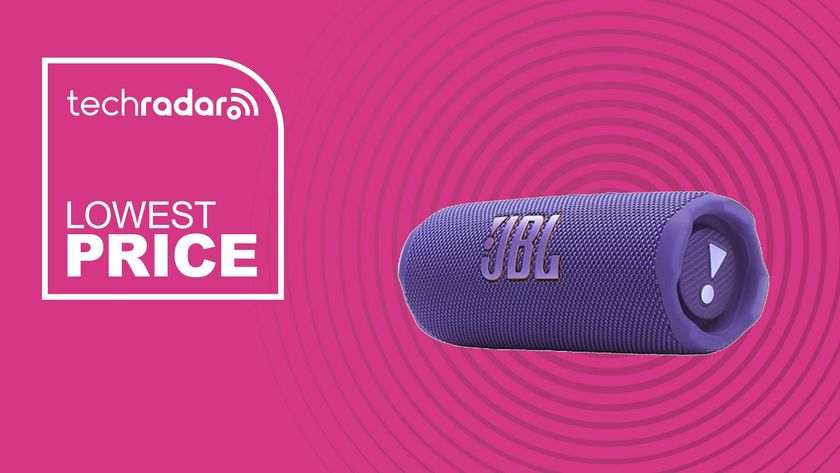 JBL Flip 7 on magenta background with the words &#039;TechRadar: lowest price&#039;