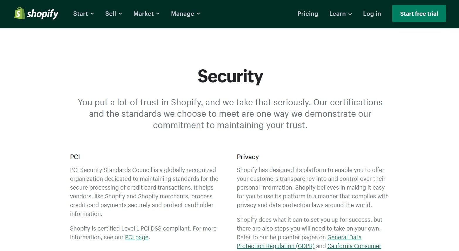 Shopify's webpage discussing its security features