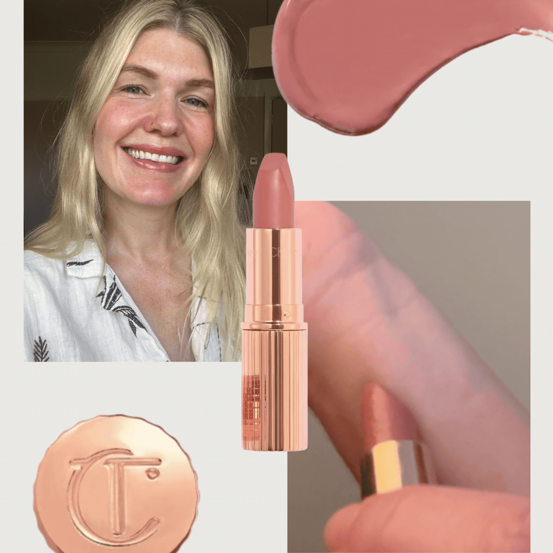 A picture of Digital Beauty Editor, Fiona McKim, wearing the Charlotte Tilbury PILLOW TALK LOVE EFFECT LIPSTICK, along with a gif of her swatching the product on her arm and three product and swatch images from the brand, on a beige background