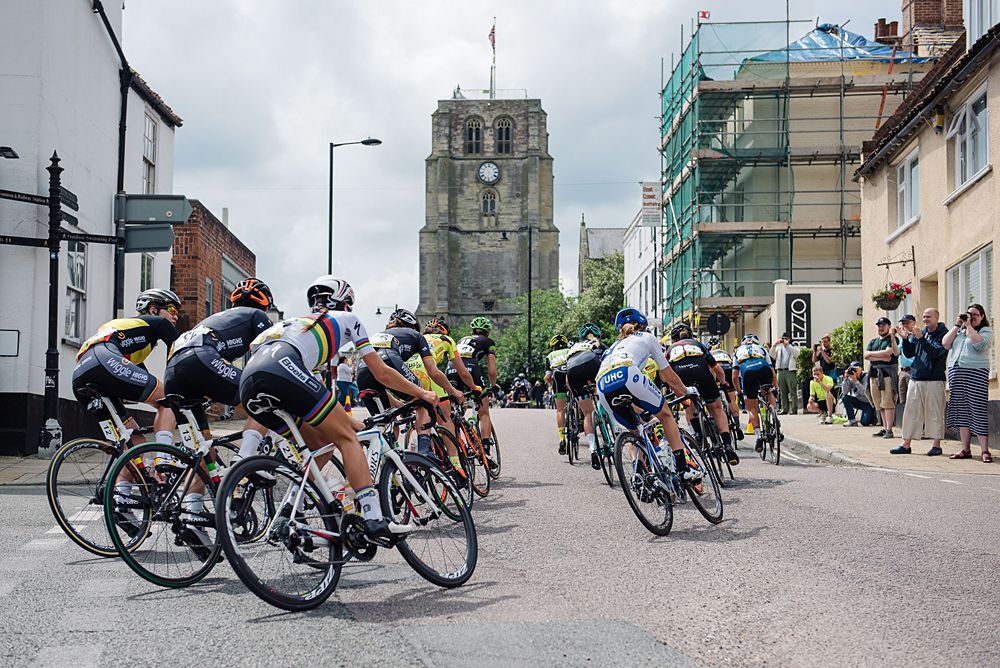 The front group speed through town with the World Champion keeping an eye on her competition at Aviva Women's Tour 2016 - Stage 1