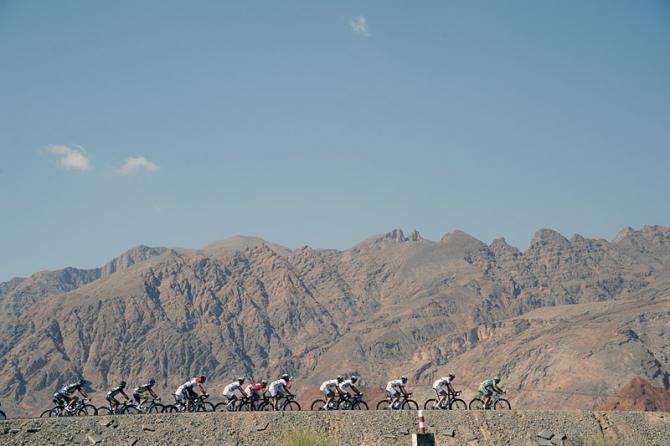 The Tour of Oman peloton en route from Fanja in Bidbid to Al Bustan during stage 2.