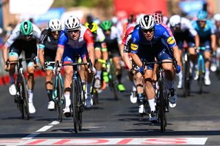 MOLINA DE ARAGON SPAIN AUGUST 17 Fabio Jakobsen of Netherlands and Team Deceuninck QuickStep sprints to win ahead of Arnaud Demare of France and Team Groupama FDJ during the 76th Tour of Spain 2021 Stage 4 a 1639km stage from El Burgo de Osma to Molina de Aragn 1134m lavuelta LaVuelta21 on August 17 2021 in Molina de Aragn Spain Photo by Stuart FranklinGetty Images