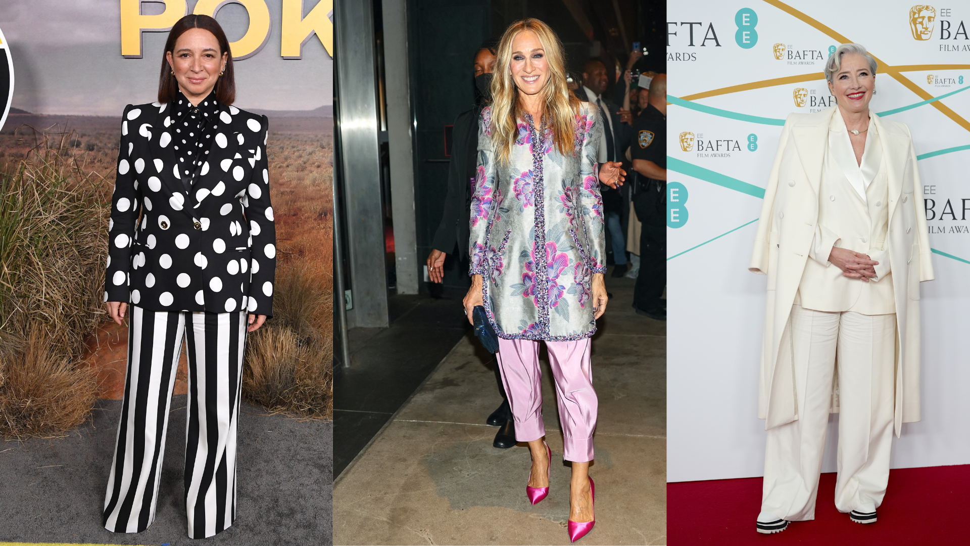 Maya Rudolph, Sarah Jessica Parker and Emma Thompson wearing trousers on the red carpet