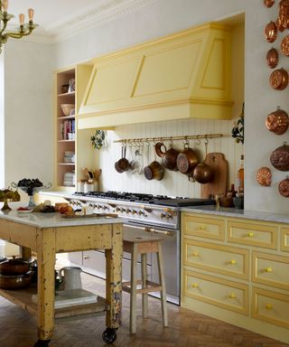 yellow kitchen with rail for pots and pans