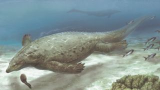 An artist's interpretation of a large crocodile-like creature swimming underwater