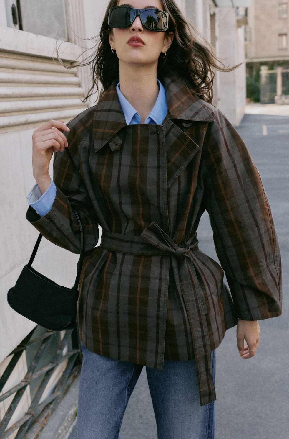 ZARA, Belted Check Trench Coat - Brown-Blue - Xs