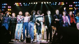 Artists including Paul Rodgers, Kenney Jones, Joe Cocker, Jimmy Page, Jeff Beck, Eric Clapton, Ronnie Lane, Bill Wyman, and Andy Fairweather-Low at a benefit concert for Lane's ARMS charity.