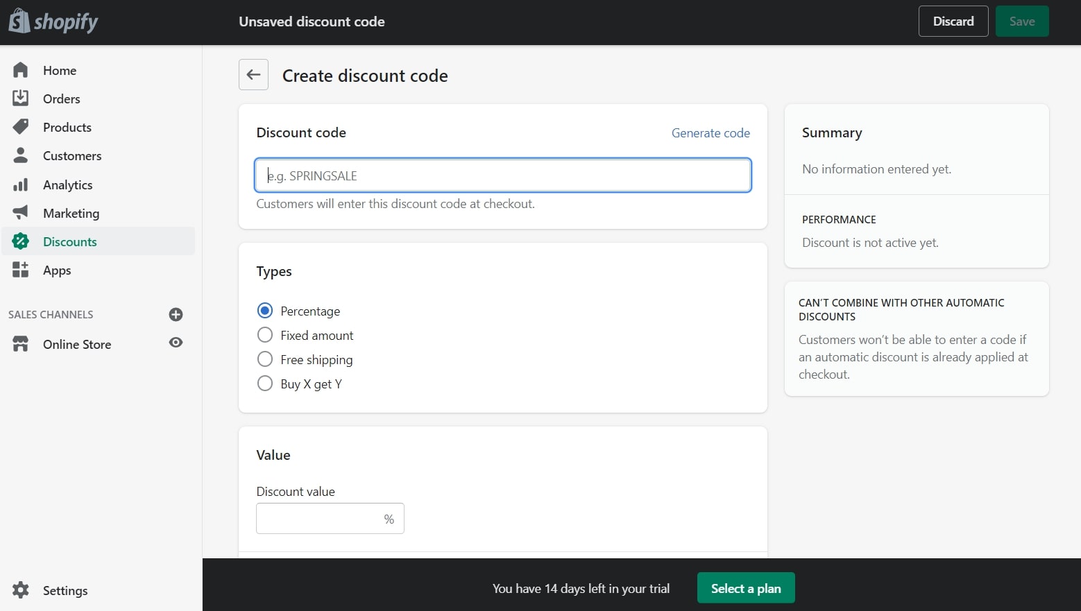 Shopify's store builder in use, specifically its discount settings