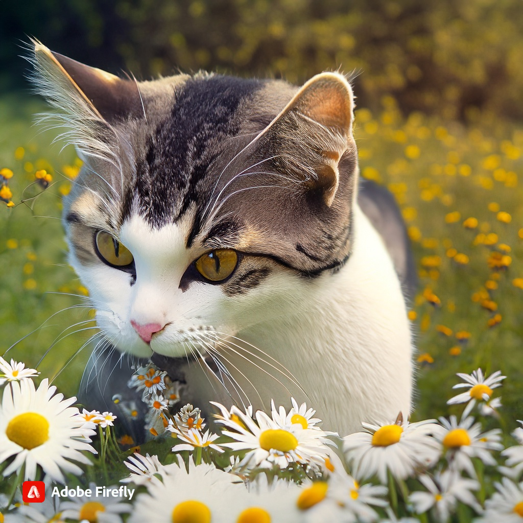AI generated images of cat picking daisies