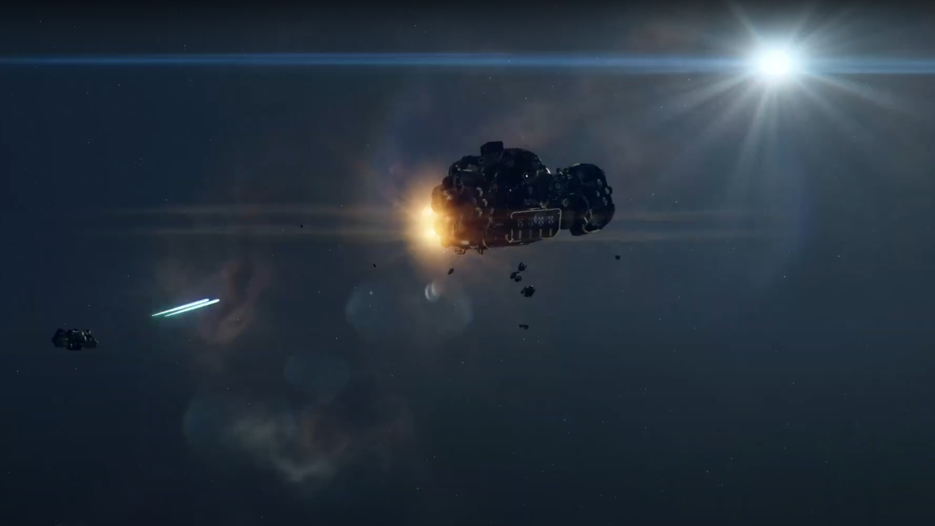 Screenshot from Starfield showing one spaceship firing on another, with a bright star in the top right corner.