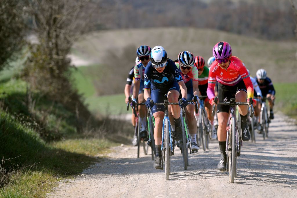 SIENA ITALY MARCH 05 Annemiek Van Vleuten of Netherlands and Movistar Team competes during the Eroica 8th Strade Bianche 2022 Womens Elite a 136km one day race from Siena to Siena Piazza del Campo 321m StradeBianche on March 05 2022 in Siena Italy Photo by Luc ClaessenGetty Images