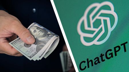 ChatGPT and dollar bills in a split screen arrangement.