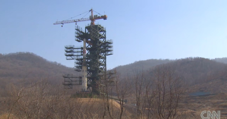 This still from a CNN broadcast shows North Korea&#039;s Unha-3 rocket, as the country officials prepared for an attempted satellite launch in April 2012.