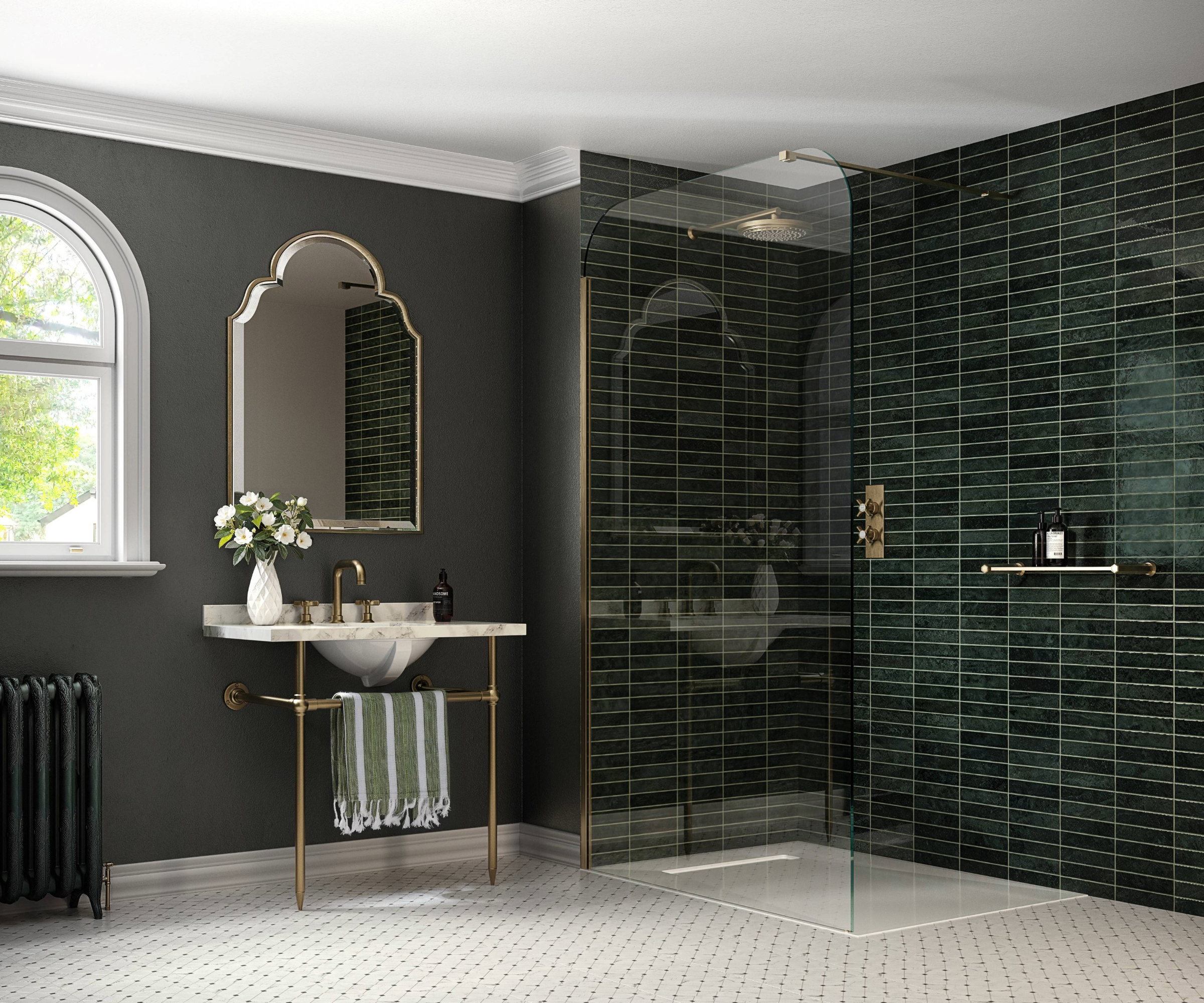 Wet room with green tiling and grey wall