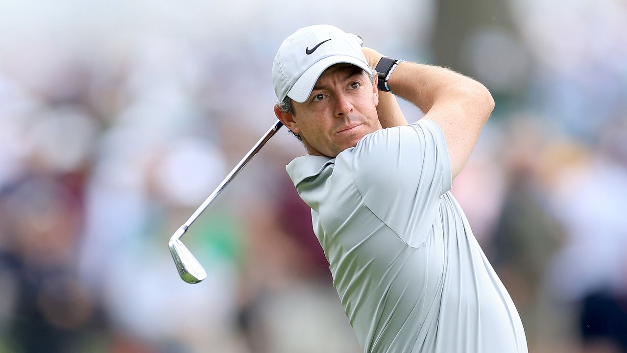 Rory McIlroy of Northern Ireland plays his tee shot on the second hole during the second round of the 2023 PGA Championship at Oak Hill Country Club