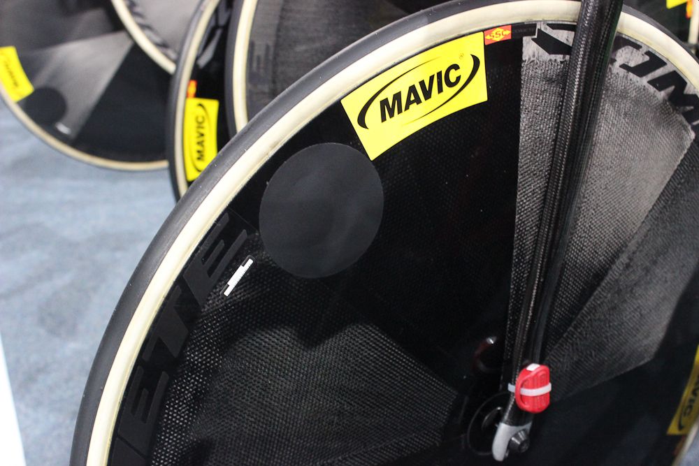 Mavic supplies the Comete Track wheels for Wiggins' bike.The valves are taped over for aerodynamics