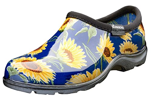 Sloggers Original Waterproof Rain and Garden Shoe for Women&amp;ndash; Outdoor Slip-On Garden Clog - Made in the Usa With Premium Comfort Insole and Arch Support - Sunflower Print Blue, Size 6