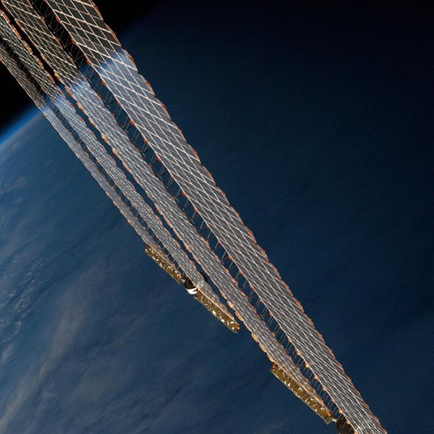 Earth&#039;s Horizon Reflected on ISS Solar Arrays