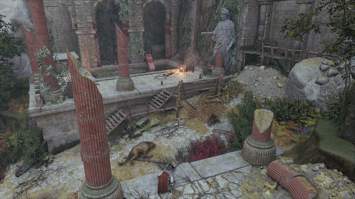 A figure beholds an ancient ruin guarded by monsters