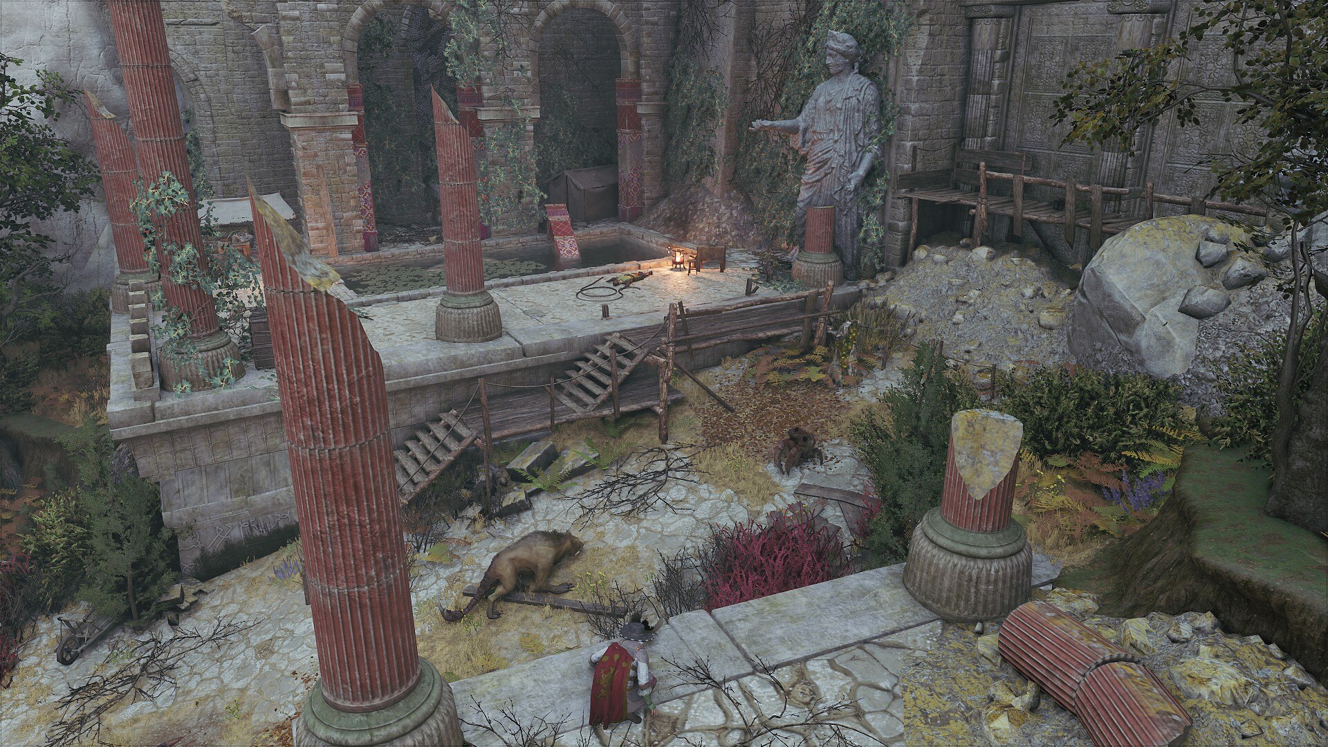 A figure beholds an ancient ruin guarded by monsters