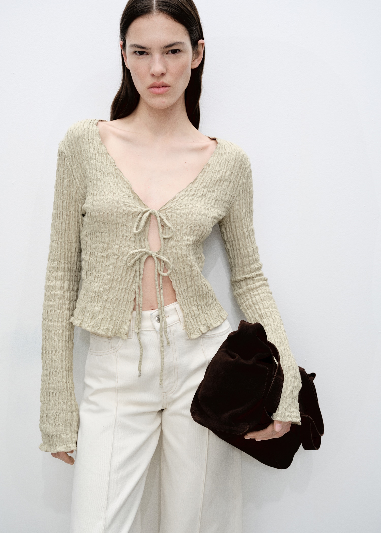 Cotton Textured Cardigan With Bows - Women | Mango Usa