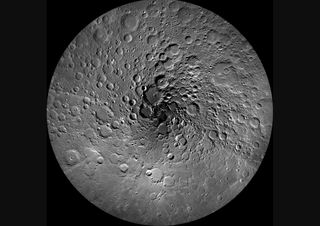 Moon north pole in an image captured by the LRO shows a heavily cratered gray landscape.