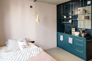 blue/green and white bedroom at BaseCamp student accommodation