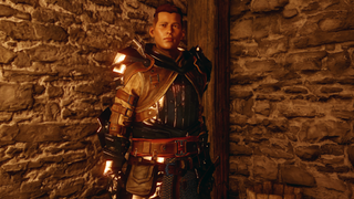 Krem, a member of Iron Bull's mercenary group in Dragon Age: Inquisition, stands illuminated by firelight.