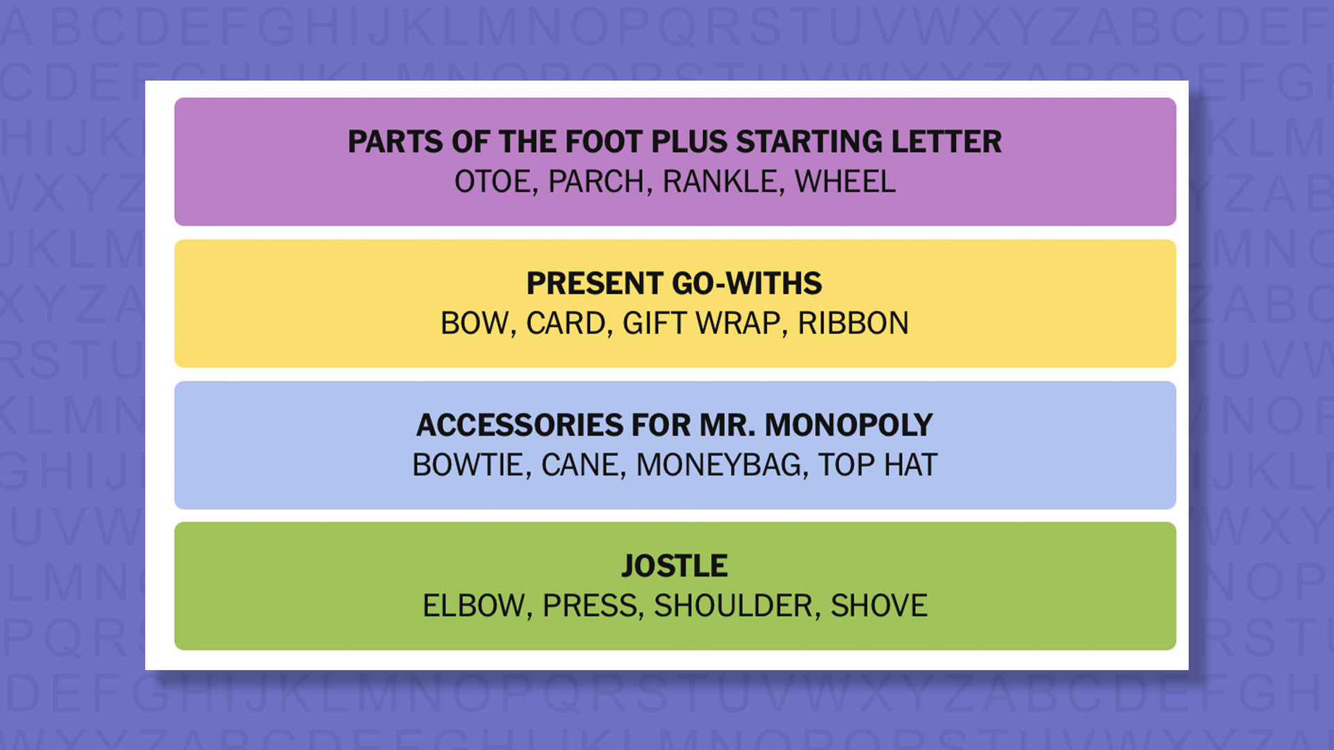 NYT Connections answers for game 947 on a purple background