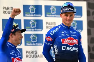 Jasper Philipsen and Mathieu van Der Poel on the 2023 Paris-Roubaix podium