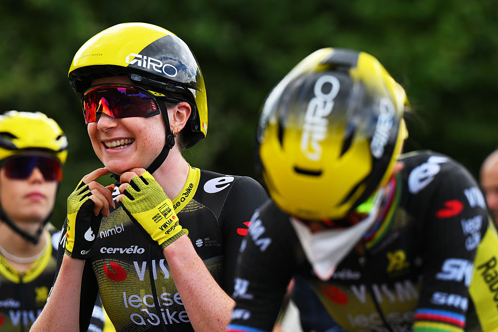 SAMMUR, FRANCE - JULY 29: Imogen Wolff of Great Britain and Team Visma | Lease a Bike prior to the 4th Tour de France Femmes 2025, Stage 4 a 130.7km stage from Saumur to Poitiers / #UCIWWT / on July 29, 2025 in Saumur, France. (Photo by  Tim de Waele/Getty Images)