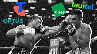Two boxers fighting with logos for NBN providers over their heads