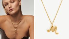 two images side by side one of woman wearing initials necklace and one of the necklace