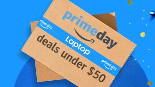 Amazon box showing Laptop Mag and Prime Day logos with the words &quot;Deals under $50&quot; also written on the box.