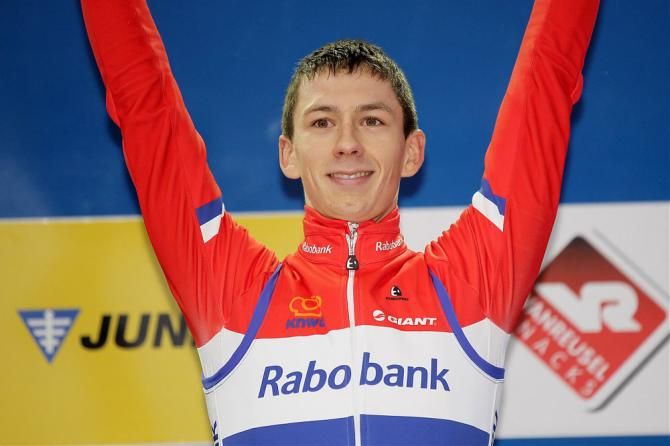 Dutch champion Lars van der Haar on the top step of the podium at the Heusden-Zolder round of the 'cross World Cup.
