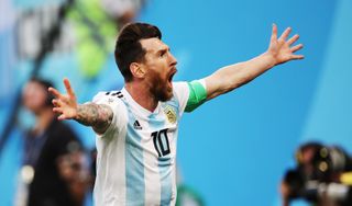 Lionel Messi celebrates after scoring for Argentina against Nigeria at the 2018 World Cup.