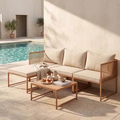 Evre Cannes Patio Furniture Set, Modular 3 Seater Corner Sofa With Coffee Table &amp;amp; Ottoman for Garden &amp;amp; Conservatory