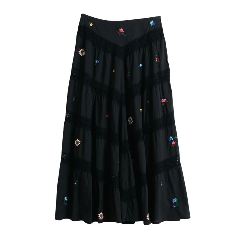 Rixo black tiered embroidered skirt