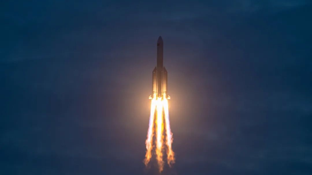 a large white rocket launches into a dark predawn sky