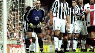 15 Aug 1999: John Karelse of Newcastle United watches his defence during the FA Carling Premiership match against Southampton played at the Dell in Southampton, England. The match finished in a 4-2 win to Southampton. \ Mandatory Credit: Alex Livesey /Allsport